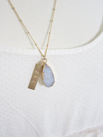 Druzy pendant with personalized brass bar on satellite chain
