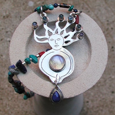 Flying space woman pendant, silver, blue onyx, lapis, fits all crystal healing necklaces! - Thumbnail 4