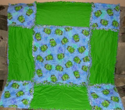 Frogs on blue with bright green baby rag quilt