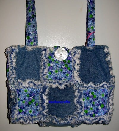 Upcycled denim and blue floral rag quilt tote