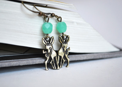 Deer Earrings, Fawn Earrings,Wildlife,Camping,Seafoam Czech Beads