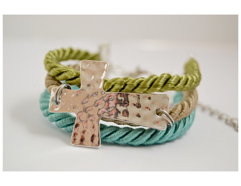 Sideway Hammered Cross Adjustable Bracelet (Turquoise, Tan, Olive)