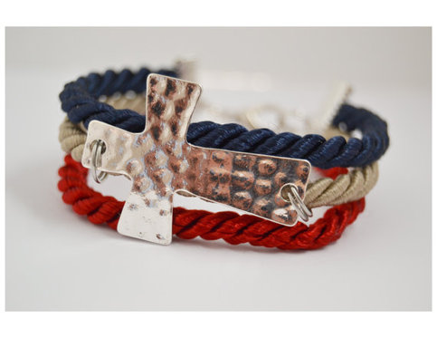 Sideway Hammered Cross Adjustable Bracelet (Red, Tan, Navy)