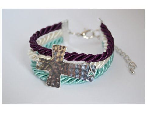 Sideway Hammered Cross Adjustable Bracelet (Turquoise, Cream, Purple)