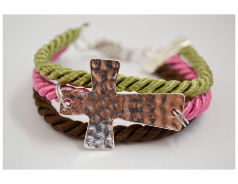 Sideway Hammered Cross Adjustable Bracelet (Brown, Pink, Olive)