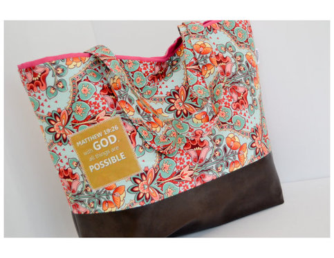 Scripture Tote Bag with Faux Leather Bottom