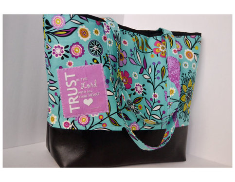 Scripture Tote Bag with Faux Leather Bottom