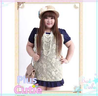 Plus Size K-fashion Sweet Lady Round Collar Joint Lace Chiffon Dress Free Shipping Worldwide SP140599
