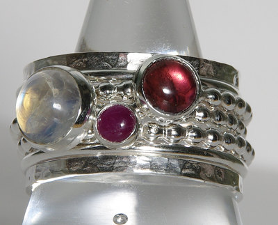 Pink Tourmaline, Ruby, Rainbow Moonstone Gemstone Birthstone Rings