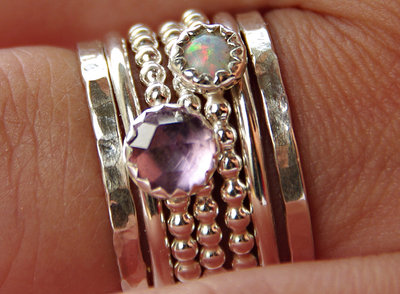 Opal & Amethyst Stackable Birthstones Mothers rings - Personalized Rings