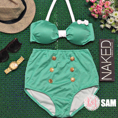 Sam - Retro Vintage Pin Up Handmade Mint Green White Bow High Waist Bikini Swimsuit Swimwear