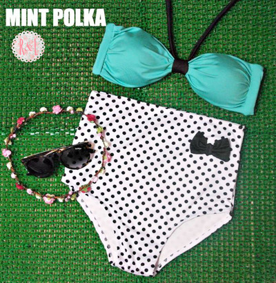 Mint Polka - Retro Vintage Pin Up Handmade Mint Green White Polka Dot Bow High Waist Bikini Swimsuit Swimwear