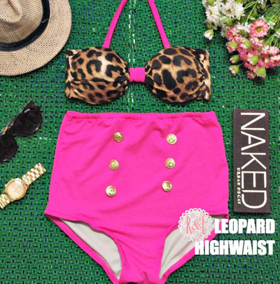 Leopard Highwaist - Retro Vintage Pin Up Handmade Pink Brown Animal Print High Waist Bikini Swimsuit Swimwear