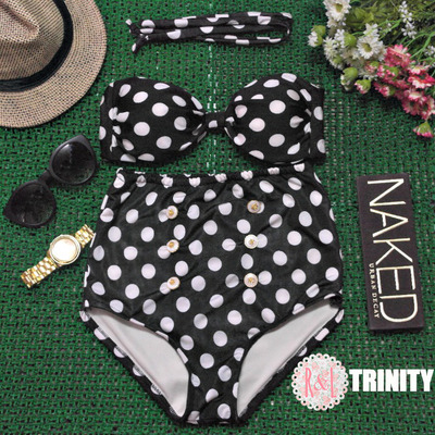 Trinity - Retro Vintage Pin Up Handmade Black White Polka Dot High Waist Bikini Swimsuit Swimwear