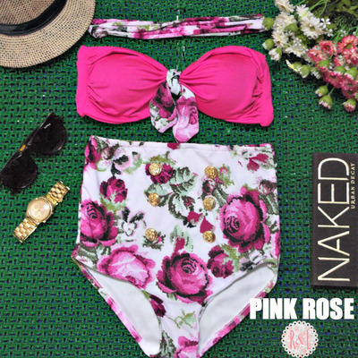 Pink Rose - Retro Vintage Pin Up Handmade Fuchsia Pink White Floral High Waist Bikini Swimsuit Swimwear