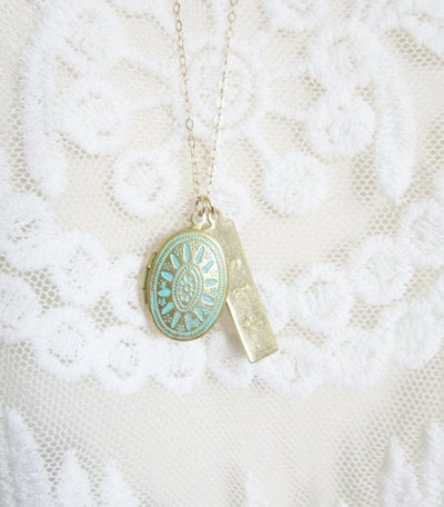 Turquoise locket with personalized bar pendant on long gold filled chain