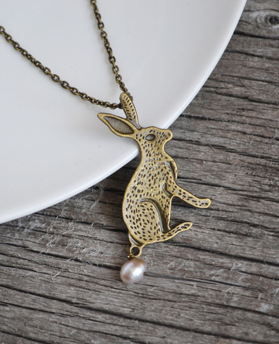 Bunny Necklace, Rabbit Jewelry, Rabbit Necklace, Pearl Jewelry, Pet