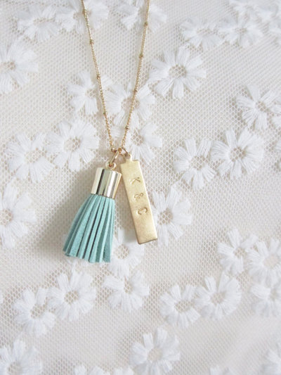 Tassel pendant necklace with personalized brass bar