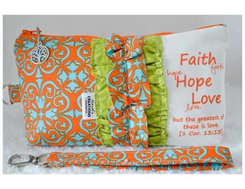 Large Zippered Wristlet/Clutch Accented with Ruffles and Scripture