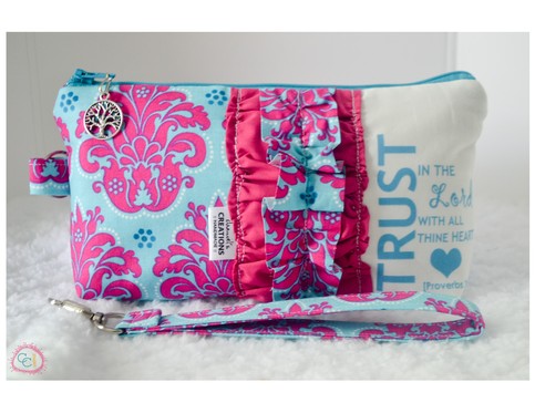 Large Zippered Wristlet/Clutch Accented with Ruffles and Scripture