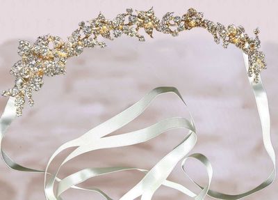 Bridal Wedding Rhinestone Crystals Ribbon Gold Tiara Headband