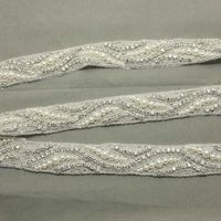 Crystal Rhinestone Wedding Bridal Faux Pearl Belt Sash Long Applique Trim - Thumbnail 1
