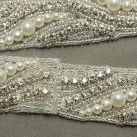 Crystal Rhinestone Wedding Bridal Faux Pearl Belt Sash Long Applique Trim - Thumbnail 2