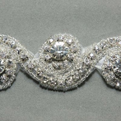 Iron or sew crystal rhinestone applique wedding bridal applique sash long trim  - Thumbnail 1