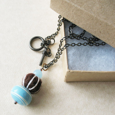 Brown and Blue Felt Bead Necklace. Long Strand Beaded Necklace. Boho Chic Needle Felt