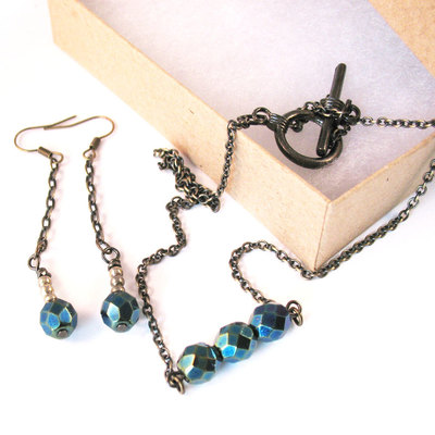 Necklace and Earring Gift Set. Blue Green Czech Glass. Cerulean Sky
