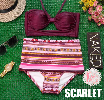 Scarlet - Retro Vintage Pin Up Handmade Maroon Burgundy Wine Red Abstract Cut Out Bandeau High Waist Bikini Swimsuit Swimwear