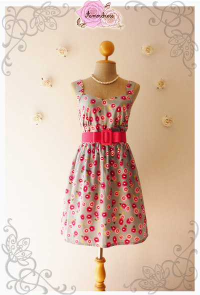 SALE TODAY Vintage Inspired Dress Bridesmaid Dress Floral Dress My Floral Summer Memory Gray with Pink Floral Mini Dress - Size S