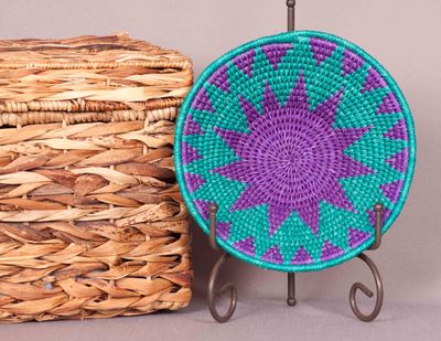 Woven grass bowl - teal & royal purple