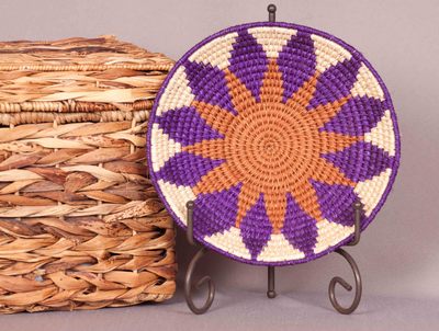 Woven grass bowl - purple, burnt sienna, & cream