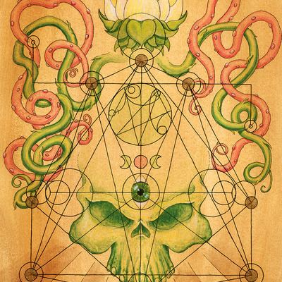"green skull with lotus and vines" - print - Thumbnail 3
