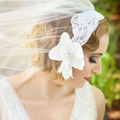 Bridal Cap Veil with Silk Magnolia and Alencon Lace
