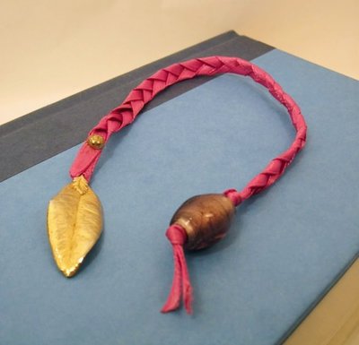 Pink Braided Ribbon Bookmark w/Gold Dipped Leaf