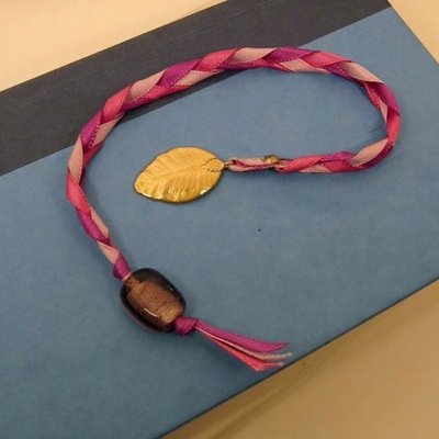 Purple and pink braided ribbon bookmark w/gold dipped leaf - Thumbnail 2