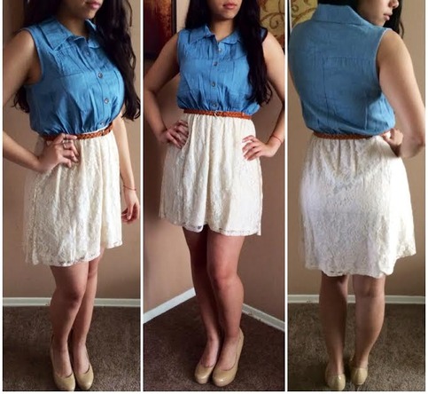 Chambray Lace Dress with Belt