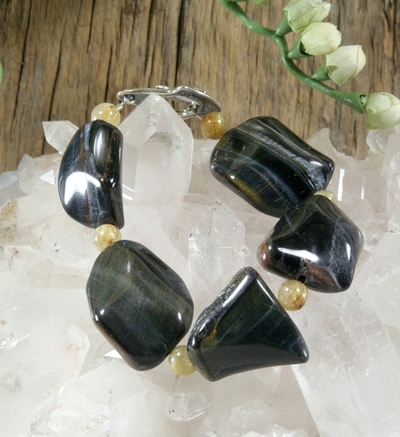Blue Tiger Eye and Golden Rutilated Quartz Bracelet