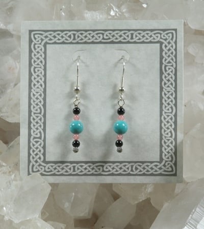 Turquoise, Rhodochrosite and Onyx Earrings