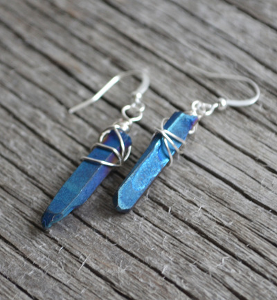 Quartz Point Earrings, Rainbow Quartz, Titanium Point, Wire Wrapped