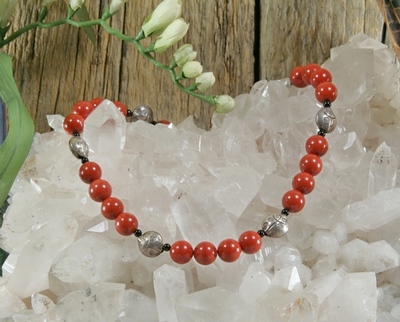 Red Jasper and Onyx with Silver Ladybugs Necklace