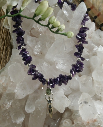 Amethyst Necklace with Goddess and Moldavite Pendant