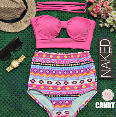Candy - Retro Vintage Pin Up Handmade Pink Tribal Aztec Cut Out Bandeau High Waist Bikini Swimsuit Swimwear