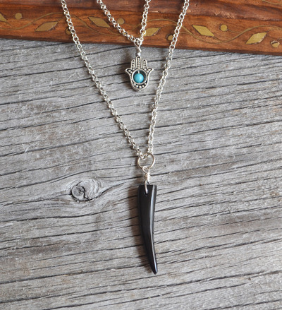 Layer Necklace, Hamsa and Black Horn Necklace, Two Chains, Fatima Hand Necklace, Protection Necklace