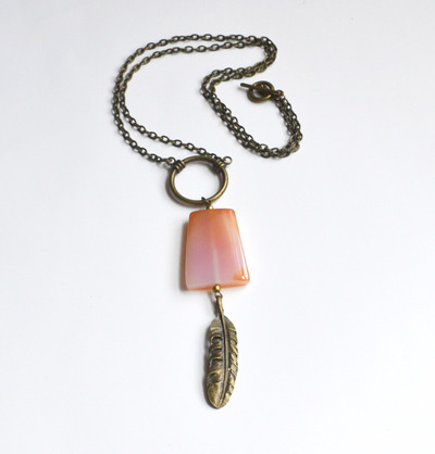 Long Necklace, Feather Necklace, Long Bohemian Style Necklace,Peach Agate Stone