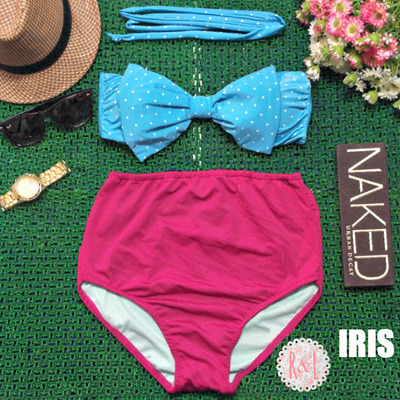Iris - Retro Vintage Pin Up Handmade Pink Blue White Polka Dot Bow High Waist Bikini Swimsuit Swimwear