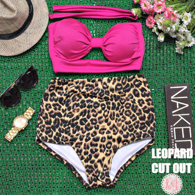 Leopard Cut Out - Retro Vintage Pin Up Handmade Pink Brown Animal Print Cut Out Bandeau High Waist Bikini Swimsuit Swimwear