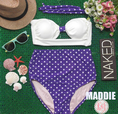 Maddie - Retro Vintage Pin Up Handmade Purple White Polka Dot Cut Out Bandeau High Waist Bikini Swimsuit Swimwear